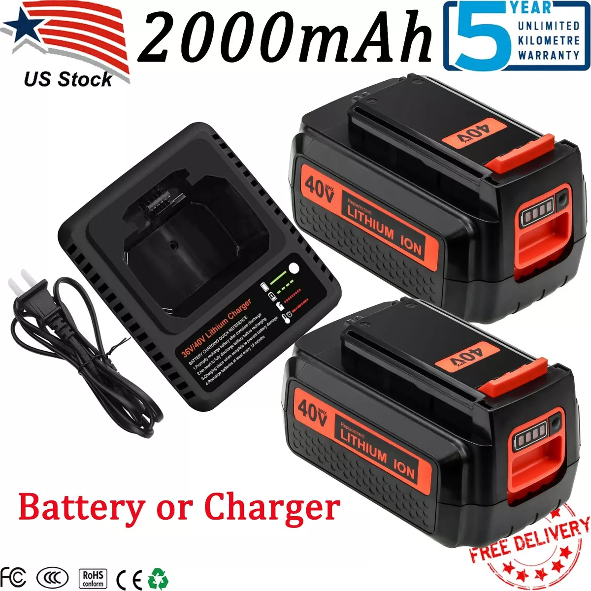 for Black+Decker 40V 40 Volt Max Lithium 3.0Ah Battery LBX2040