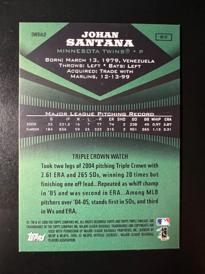 2006 Topps Triple Threads Emerald #82 Johan Santana #'d 56/99 Twins - Image 2 of 2