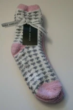Laura Ashley 2 Pr Women's Warm Fuzzy Grippy Pink & White Non Slip Slipper Socks 