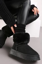 H.O.S Black Faux Fur Lined Chunky Platform Bow Detailed Ankle Boots