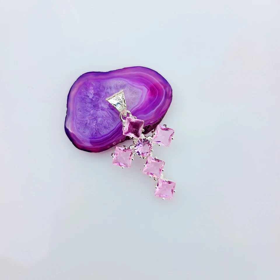 Rose Quartz Cross Pendant 925 Sterling Silver Handmade Gemstone Jewelry 2.20" - Image 2 of 4