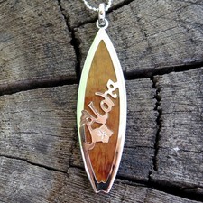 Hawaii Koa Wood Scroll Aloha Surfboard Rhodium Plated Brass Pendant BPR1153
