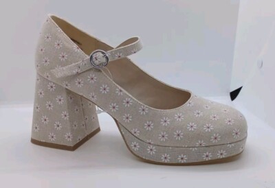 MaddenGirl Tan Flower Print Mary Jane Platforms Chunky Heel Ankle Strap Sz 10