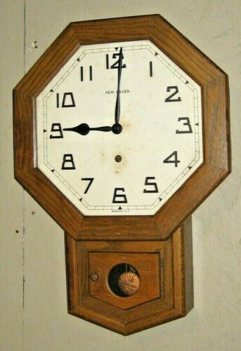 ANTIQUE NEW HAVEN SCHOOLHOUSE DROP OCTAGON WALL REGULATOR CLOCK WORKING