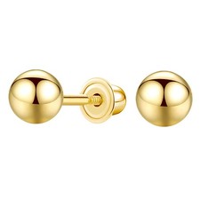 14k Gold Ball Stud Earrings with Solitaire Round Cubic Zirconia in Secure Scr...