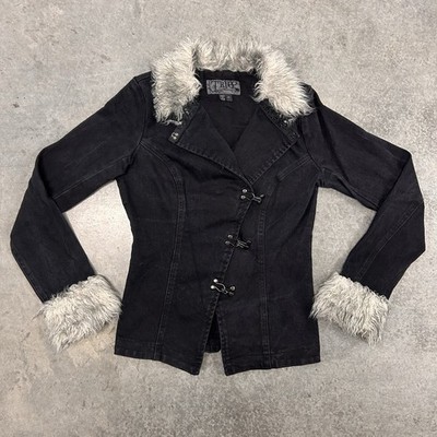 Tripp NYC Jacket Black Gray Faux Fur Trim Goth Y2K Hook Closure Punk Medium Rare