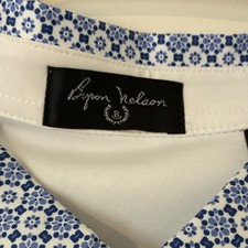 Byron Nelson Men's Geometric Button-Up Shirt XL White Blue Polyester Spandex