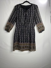 Madewell Sz 10 Black Damask Print Allover Cinched Waist Mini Dress Long Sleeve