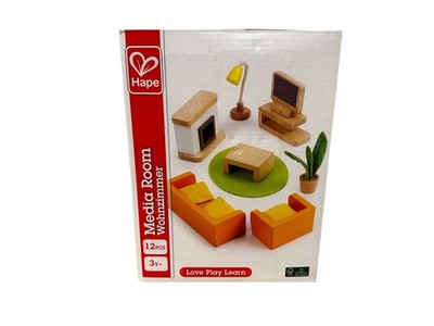 Media Room Wohnzimmer | Hape | Puppenhaus Möbel Holz Set  12 Teile | NEU