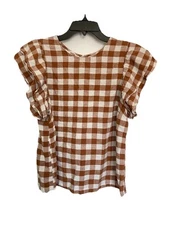 A New Day Women Flutter Sleeves Checkered Top Brown White Medium