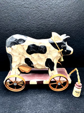 Cow W/Milk Bottle Folk Art Vintage Hand Carved Wood Painted  Metal Wheels