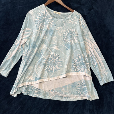Jess & Jane Womens Long Sleeve Print Top XL Blue Sunflower Asymmetric Relaxed