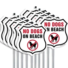 No Dogs on Beach Shield Shaped Sign With Stake Crafted in the USA