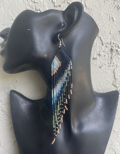 Boho Native Black Gold Blue Silver Seed Bead Beaded Earrings Fringe Tassel Long - Picture 4 of 4