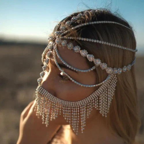 Tassel Veil Masks Women Belly Dance Headwear Rhinestone Chains Face Mask - Image 3 of 4
