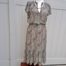 PAIGE 100% Silk Leopard Print Midi Dress Smocked Waist Ruffle Hem Taupe Multi M