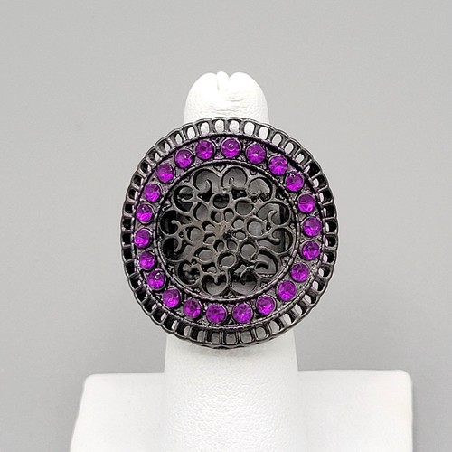 Gunmetal Colored Round Stretch Ring Purple Crystals Filigree Design Fits 7-9 - Picture 2 of 6