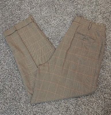 Tommy Hilfiger Mens Pants Brown Houndstooth Trousers 38x30 Pleated Cuffed