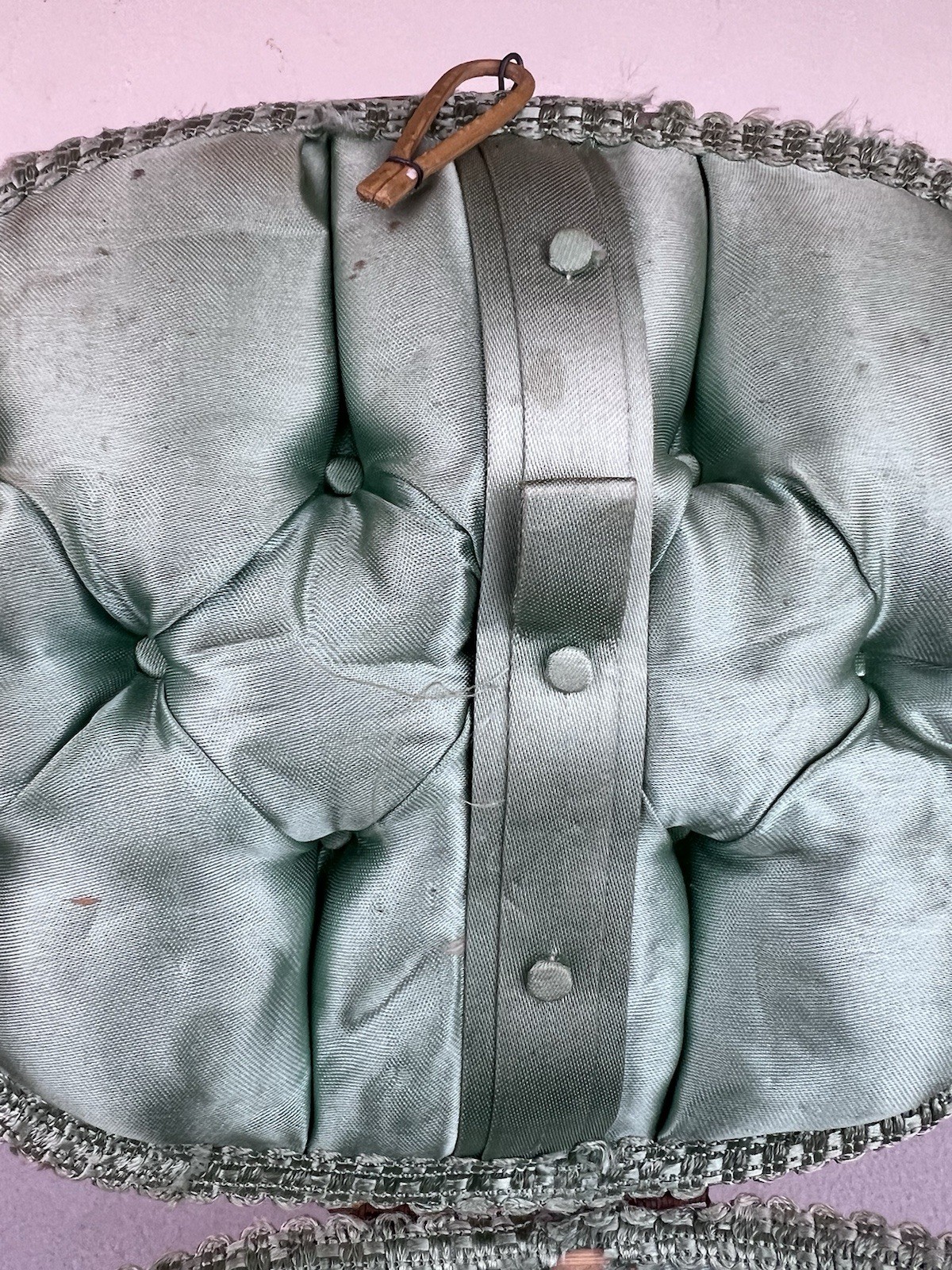 Vintage Sewing Basket Faux Ratan Wicker Sea Foam Green Satin Lining Japan 10.5”