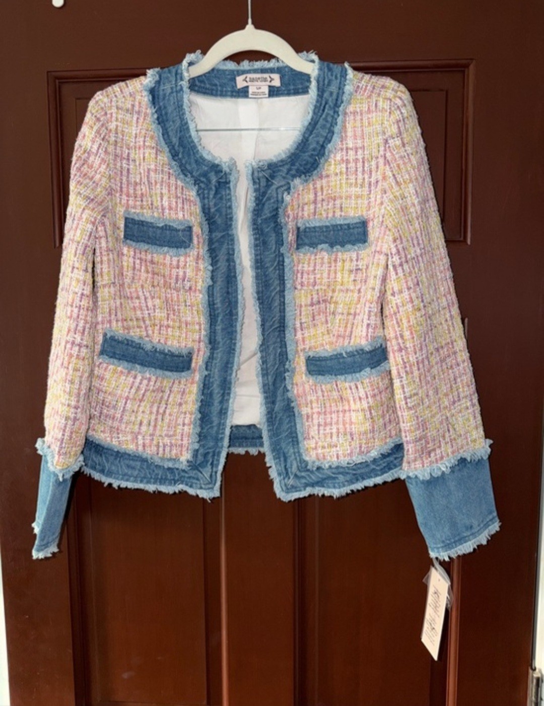 Nanette Lepore Pink Multi-Color Tweed Jacket with Blue Denim Trim