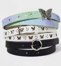 Cat Jack 3 Belts Set Butterfly Glitter White Cutout Black Ring Belt Size XL