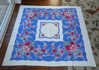 Vintage 1940s 50s Cotton Tablecloth Blue Floral Border Mid Century 47.5 x 51