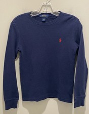 Polo Ralph Lauren Waffle-Knit Long Sleeve Shirt Navy Blue Red Pony Kids s M 10