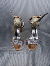 Champagne Satin Rhinestone Block Heel Ankle Strap Sandals