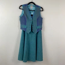 Avoca Collection Ireland Skirt Vest Set UK 10 US 8 Teal Green Blue Midi Vintage