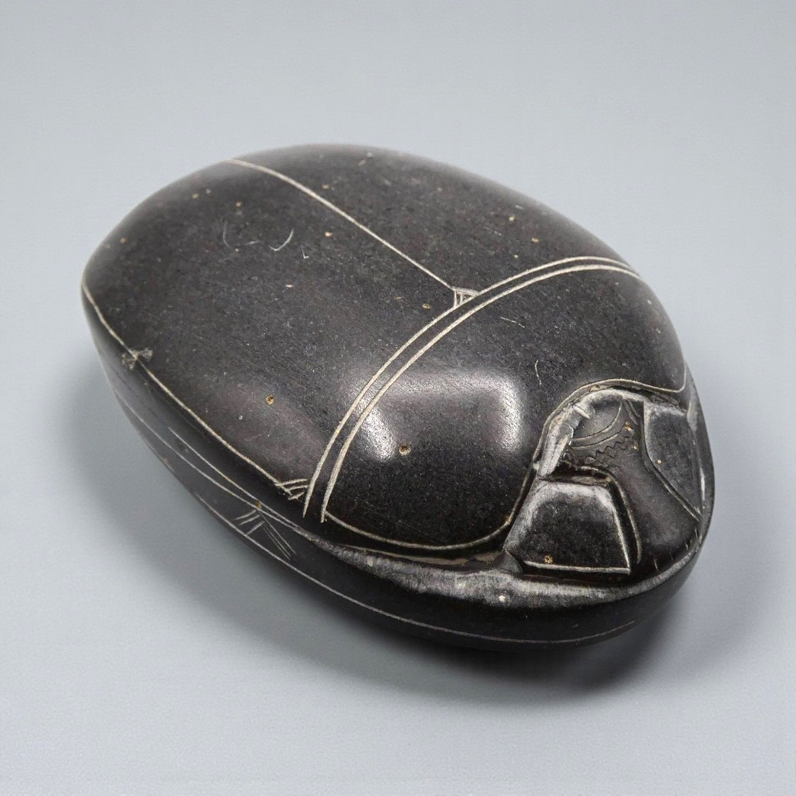 Vintage Egyptian Scarab Black Stone with Hieroglyphics - Collectable - 9 x 6 cm