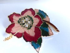 VINTAGE UNISEX BROOCH FLOWER IN COLOURED ENAMEL &CLEAR CRYSTALS