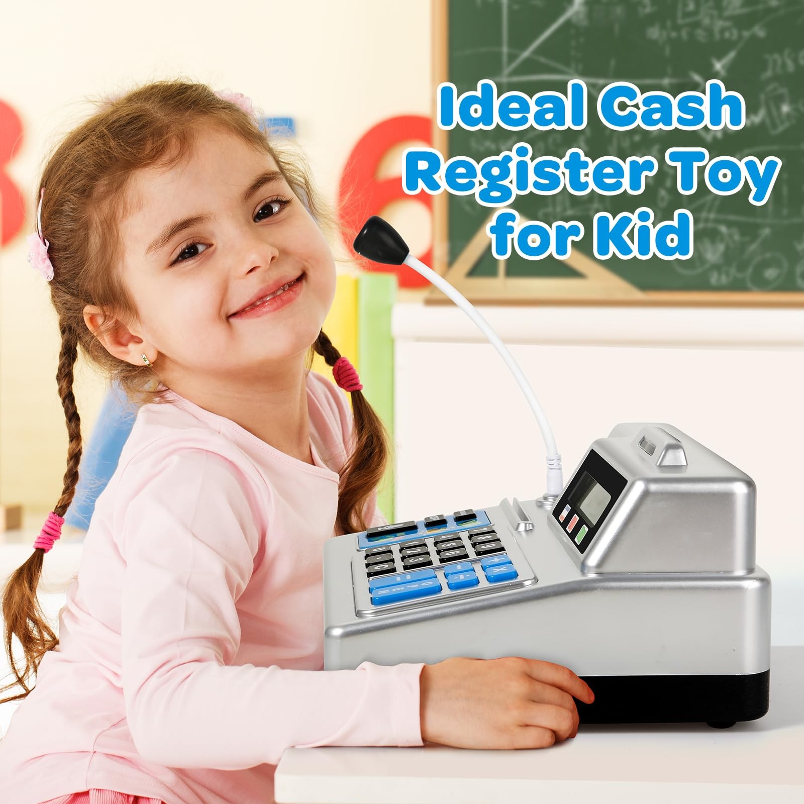 как выглядит Toy Cash Register Set with Calculator, Microphone, 103 Pieces for Kids фото