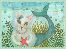 Enchanting MerPurr, a mermaid cat in the sea, starfish, cards/print, Item 0522