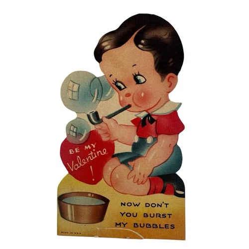 VTG Valentine- Boy Blowing Bubbles w/ Pipe- “Now don’t you burst my bubbles”