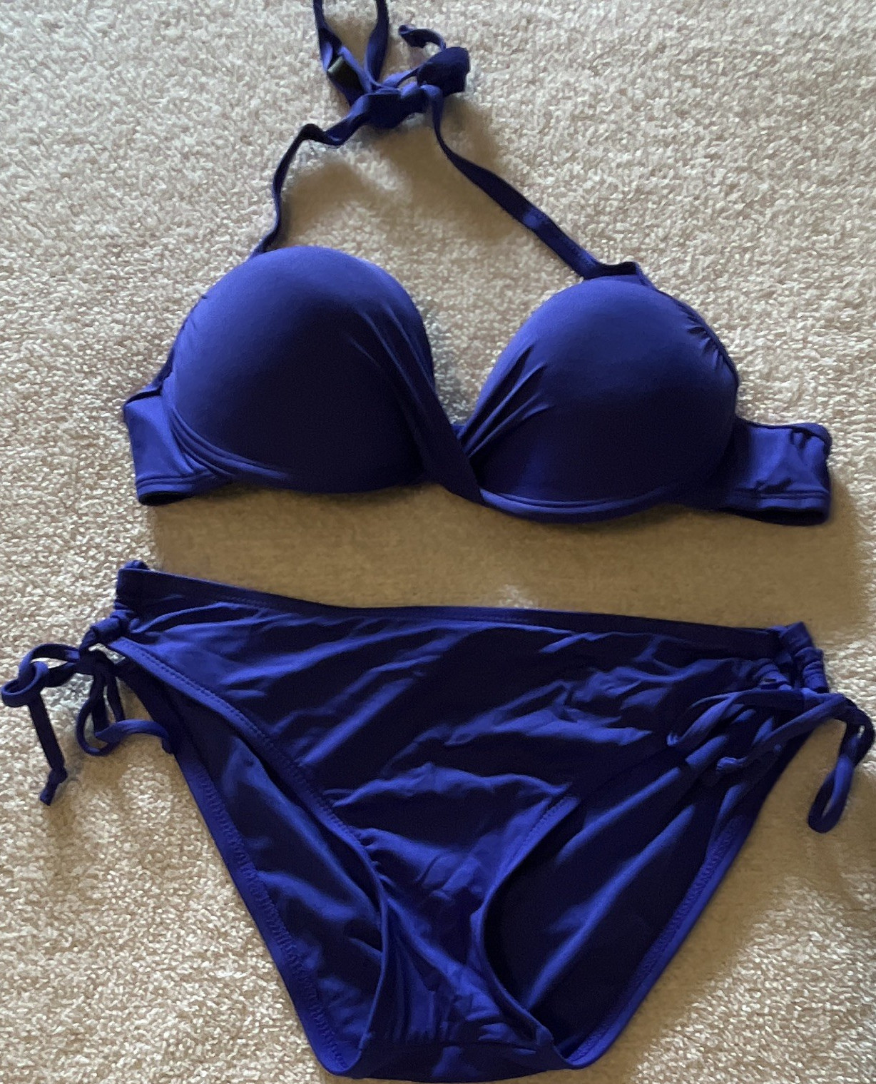 Women’s Solid Blue Halter Bikini Set 2-Piece Adjustable Padded Tie Side M