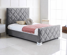 Grey Velvet Upholstered Single Bed Frame, Diamond Tufted Headboard & Footboard