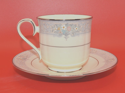 Noritake China Cup & Saucer Set Floral Scroll Platinum Trim Japan Vintage