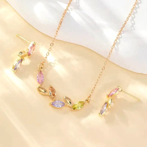 Authentic 14k Gold Plated Shiny Zirconia Inlaid Leaf Design Necklace Earrings Set