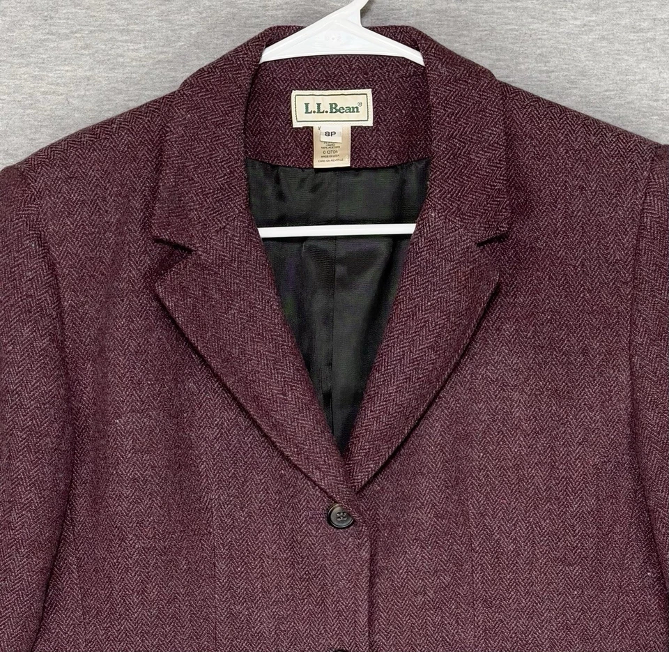 Blazer LL Bean Lana Tweed Espiga Talla 8 Pequeño Borgoña Preppy Chaqueta de Carrera Foto 2 de 4