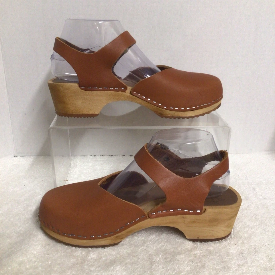Mia Sofia Marrón Cuero Zueco Zapatos Gruesos Madera Tacones Correa para el Tobillo EU 40 Suecia Foto 2 de 4