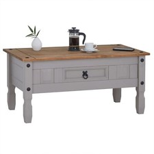 Table basse salon rectangulaire style mexicain 1 tiroir en pin massif gris/brun