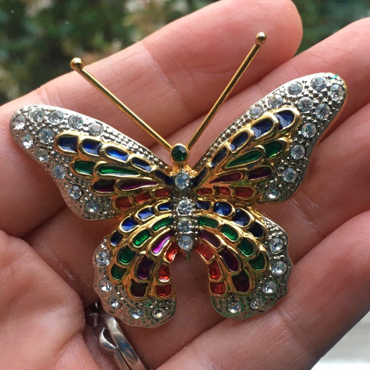 Vintage Butterfly Pin Brooch Rhinestone and Ename… - image 1