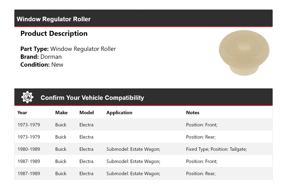 Rodillo regulador ventana Buick Electra Dorman 1973-1989 1974 1975 1976 1977 Foto 2 de 4