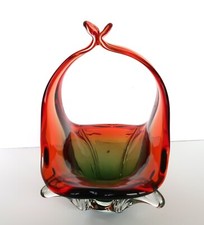 VTG MCM Murano Mid-Century Style Red  Green Art Glass Basket HTF Stunning Decor