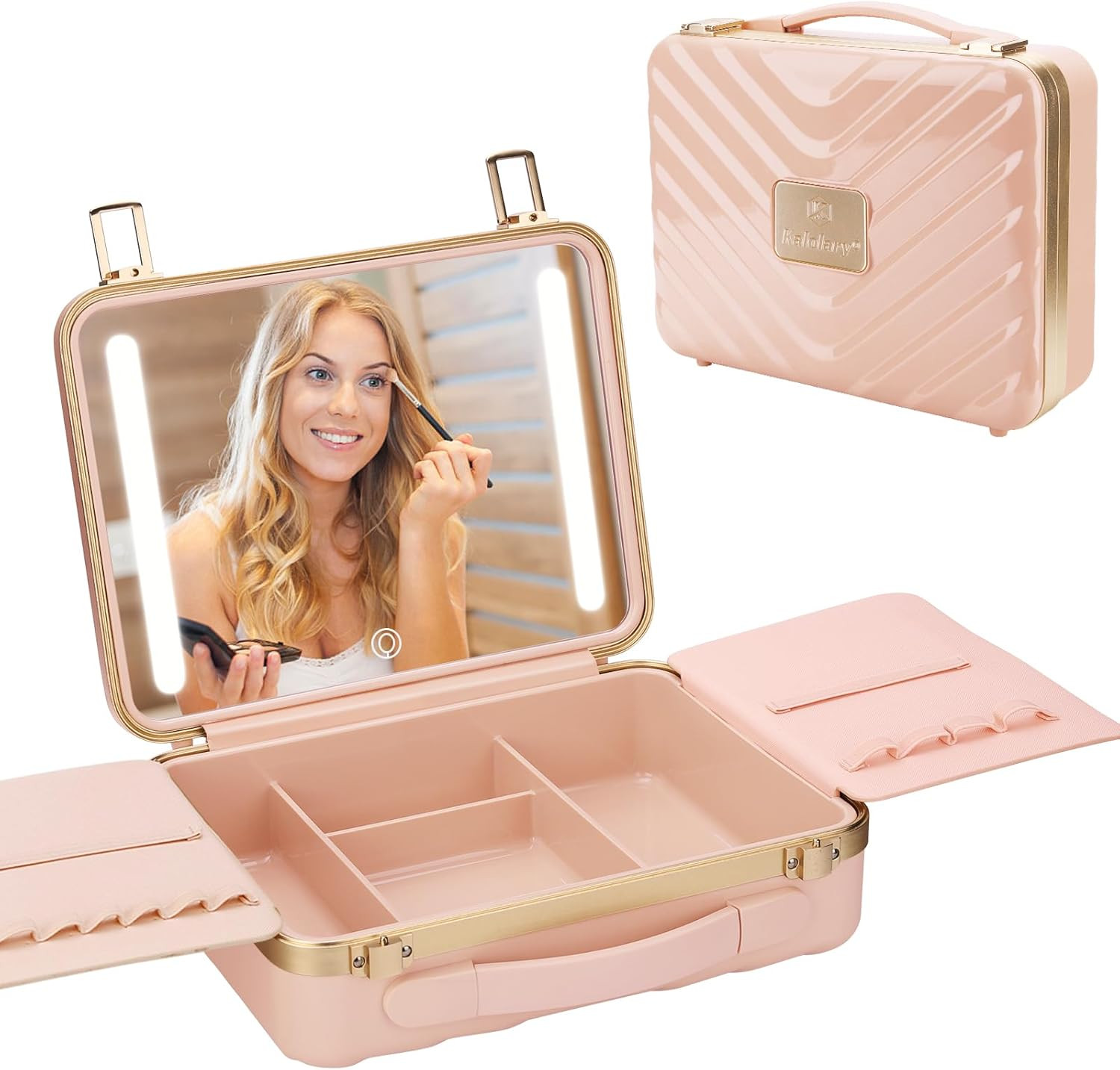 Beauty Case Con Specchio LED 4K E Lente 10x: Valigetta Porta Trucchi Illuminata Con Divisori, In Oro