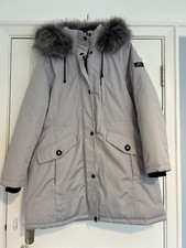 Women's Ozark Trail/george Asda Grey Padded Coat Parker Faux Fur Size L 16-18