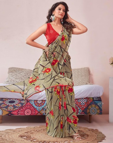 Sari Georgette estampado floral para mujer con pieza blusa sin costuras - Imagen 15 de 49