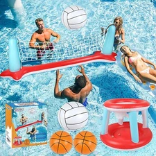 Inflatable Floaty Pool Set Volleyball Net Basketball Hoop 3Balls included Summer