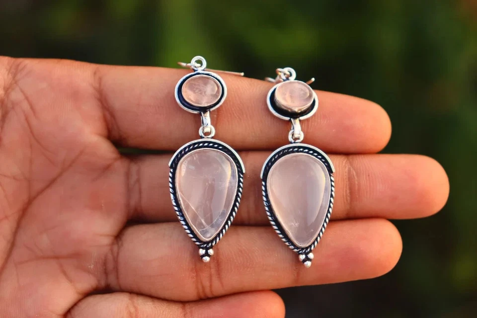 Christmas Rose Quartz Gemstone 925 Sterling Silver Handmade Earring Ag-118 - Image 2 of 4