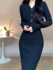 Knitted Sweater Long Sleeve Midi Dresses for Women Slim Elegant V Neck Dress